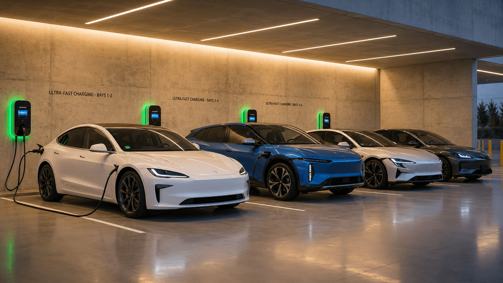 Edifício moderno ao anoitecer com carros elétricos conectados a carregadores na garagem
